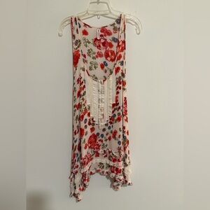 *LIKE NEW* Free People Drapey Ruffle Detail Long Tank, Red and Cream